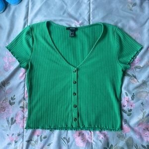Forever 21 button up green crop top with ruffles at the sleeves